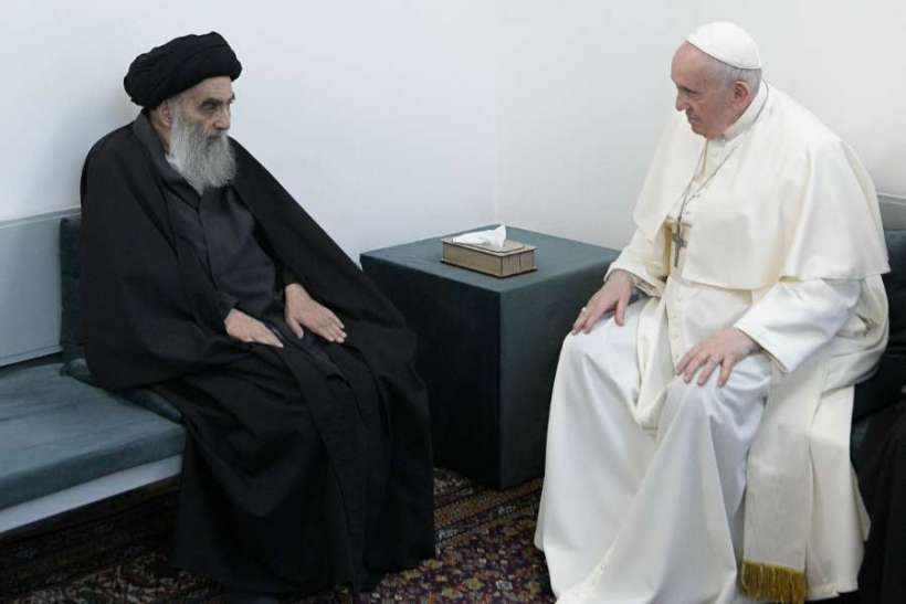 PAPA FRANCISCO VISITA O GRANDE CLÉRIGO GRANDE AIATOLÁ ALI AL-SISTANI — LE PAPE FRANÇOIS REND VISITE AU GRAND CLERC LE GRAND AYATOLLAH ALI AL-SISTANI — POPE FRANCIS VISITS TOP CLERIC GRAND AYATOLLAH ALI AL-SISTANI