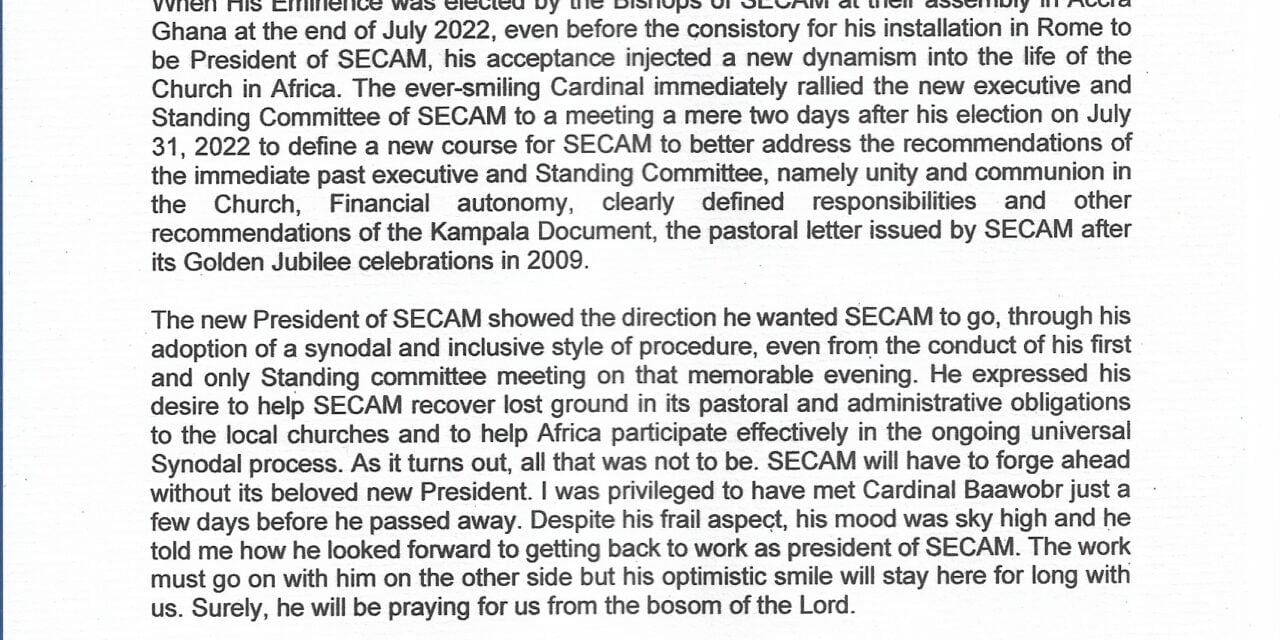 Condolence Message: Richard Cardinal Kuuia Baawobr, Bishop of Wa and President of SECAM — Message de condoléances : Richard Cardinal Kuuia Baawobr, évêque de Wa et président du SCEAM — Mensagem de condolências: Cardeal Richard Kuuia Baawobr, Bispo de Wa e Presidente do SECAM