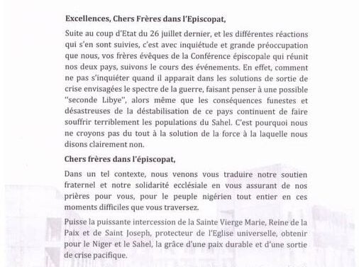 LETTRE D’EXHORTATION A LA RETENUE ET AU DISCERNEMENT DANS LA GESTION DE LA SITUATION SOCIO­ POLITIQUE AU NIGER — LETTER URGING RESTRAINT AND DISCERNMENT IN THE MANAGEMENT OF THE SOCIO-POLITICAL SITUATION IN NIGER— CARTA EXORTANDO CONTENÇÃO E DISCERNIMENTO NA GESTÃO DA SITUAÇÃO SÓCIO-POLÍTICA NO NÍGER