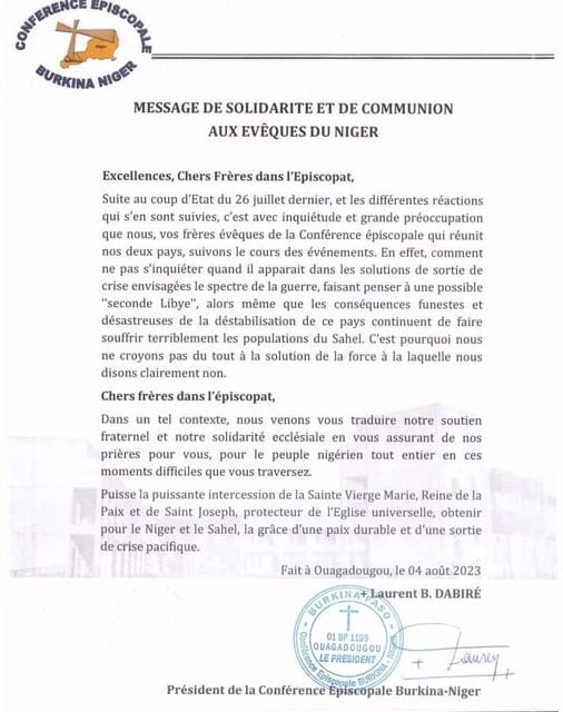 LETTRE D’EXHORTATION A LA RETENUE ET AU DISCERNEMENT DANS LA GESTION DE LA SITUATION SOCIO­ POLITIQUE AU NIGER — LETTER URGING RESTRAINT AND DISCERNMENT IN THE MANAGEMENT OF THE SOCIO-POLITICAL SITUATION IN NIGER— CARTA EXORTANDO CONTENÇÃO E DISCERNIMENTO NA GESTÃO DA SITUAÇÃO SÓCIO-POLÍTICA NO NÍGER