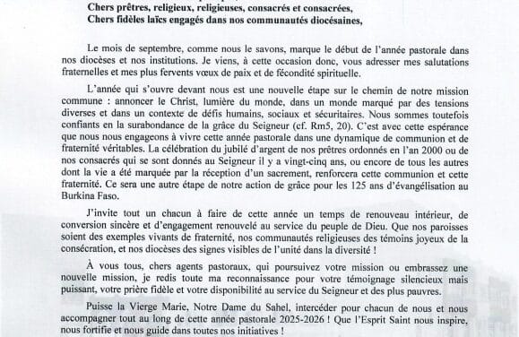 MESSAGE DU PRESIDENT DE LA CONFERENCE ÉPISCOPALE BURKINA-NIGER – ANNEE PASTORALE 2025-2026