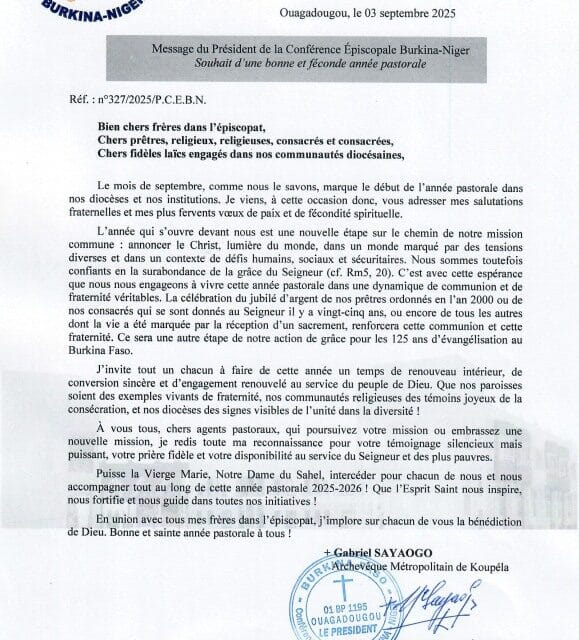 MESSAGE DU PRESIDENT DE LA CONFERENCE ÉPISCOPALE BURKINA-NIGER – ANNEE PASTORALE 2025-2026