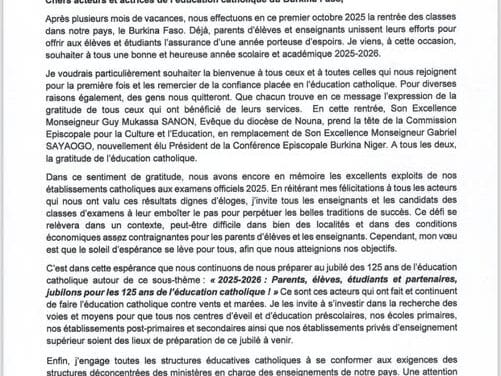 EDUCATION CATHOLIQUE BURKINA FASO: MESSAGE DE RENTREE 2025-2026