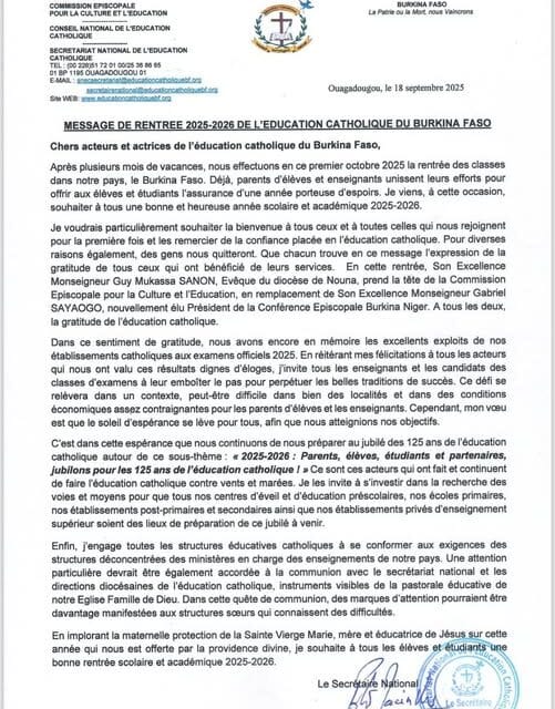 EDUCATION CATHOLIQUE BURKINA FASO: MESSAGE DE RENTREE 2025-2026